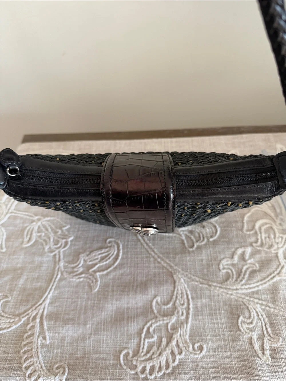 Brighton Black Woven Shoulder Bag with Brown Flap and Silver Heart Accent